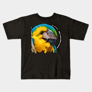 Blue and yellow macaw tropical bird pin white text Kids T-Shirt